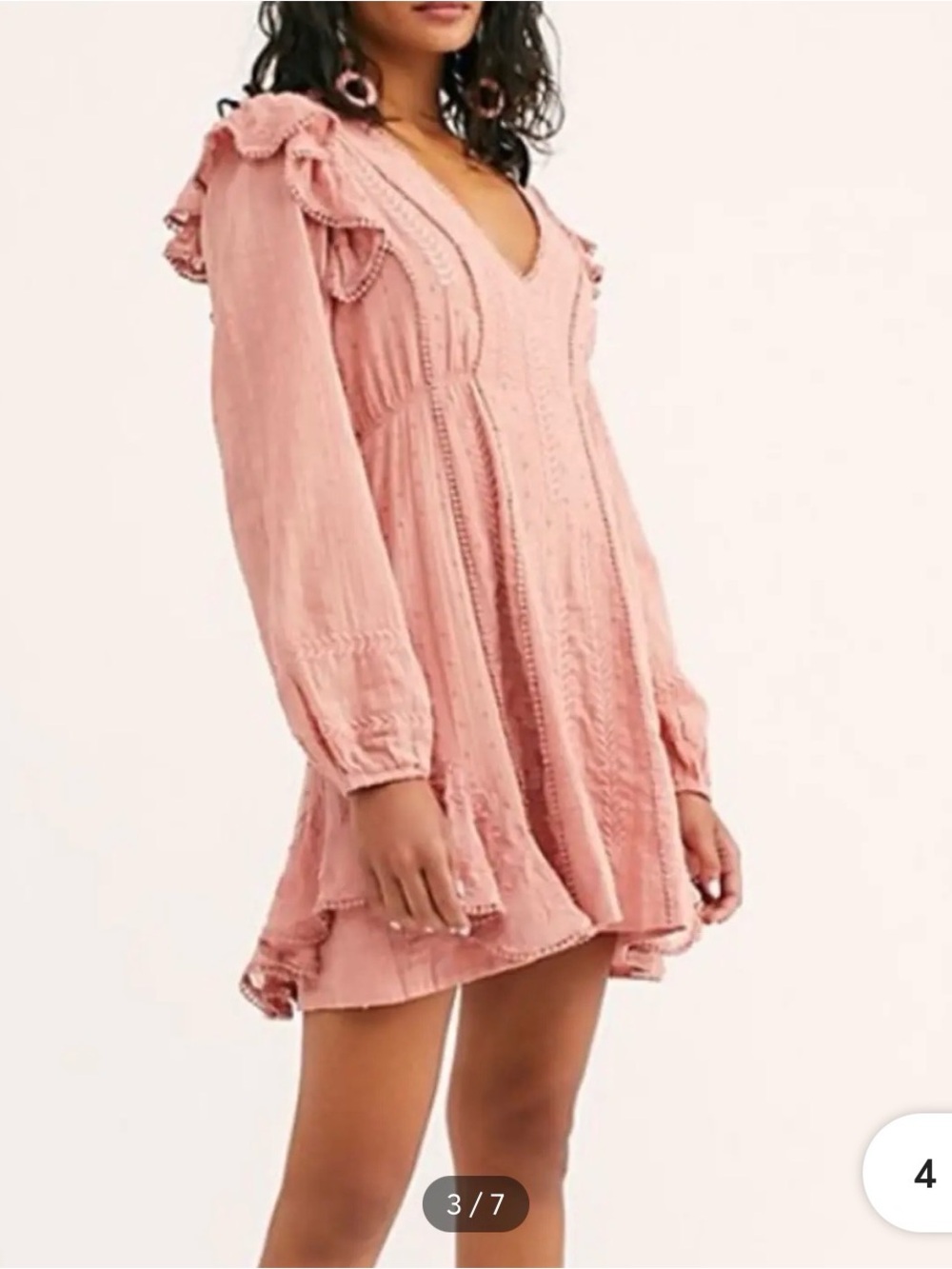 Free People Dusty Pink Ruffle V-Neck Mini Dress size 4